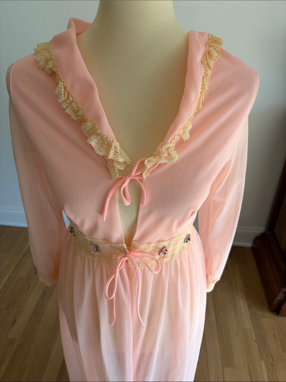 Vintage 70s Pink Sheer Peignoir Robe / Maxi Dress — Medium - Picture 2 of 9